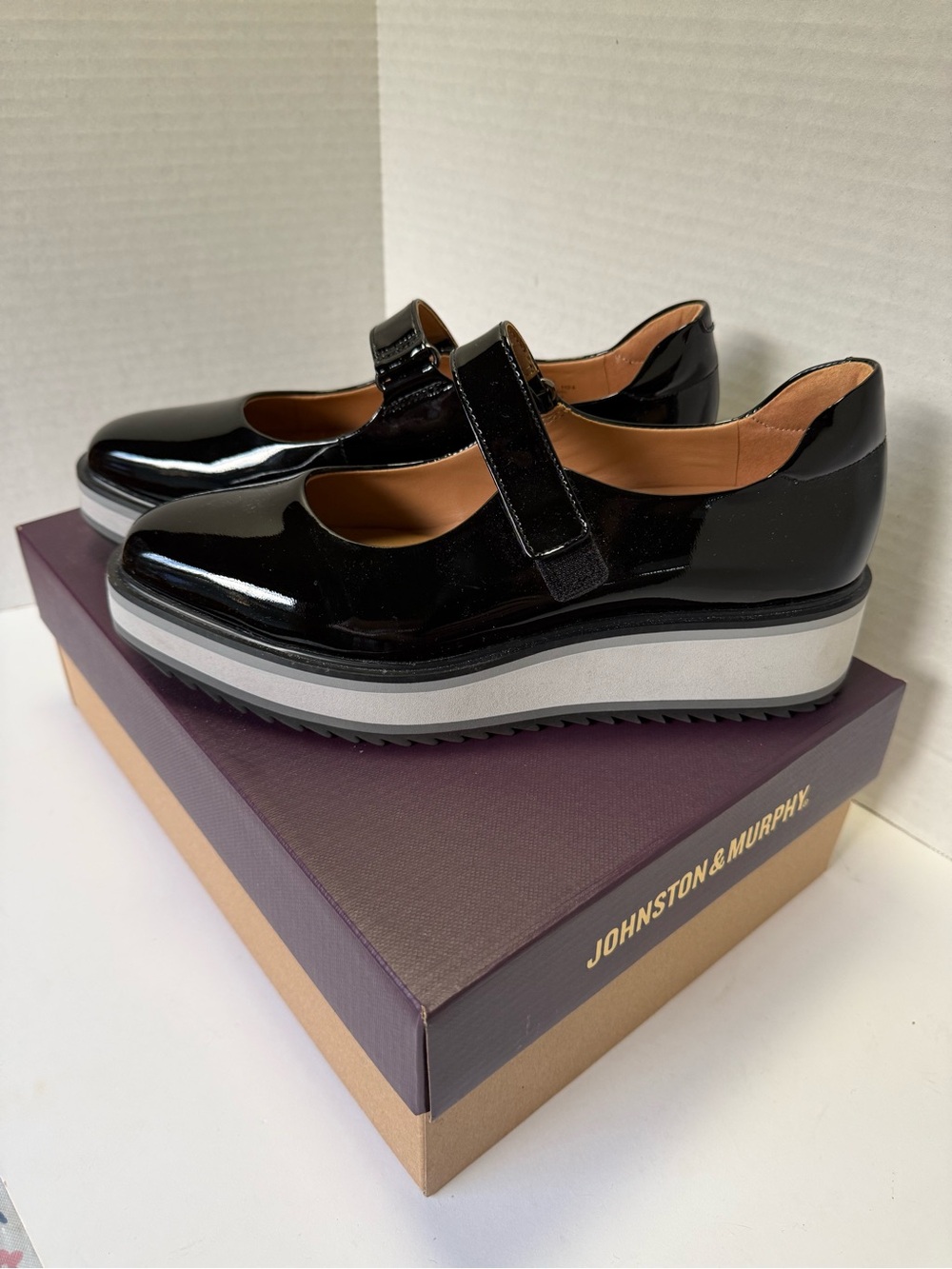 Johnston & Murphy Black Patent Mary Jane Platform Mules